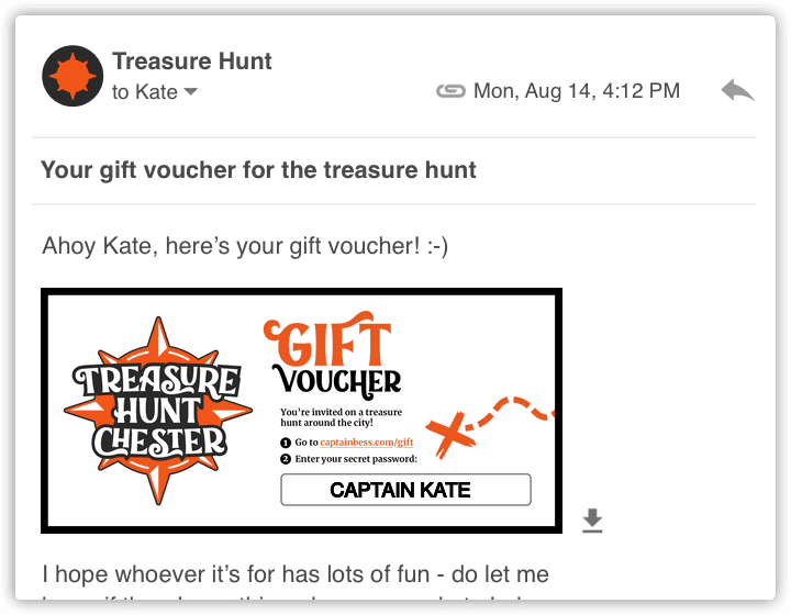 A screenshot of an email containing a digital gift voucher for Treasure Hunt Chester.